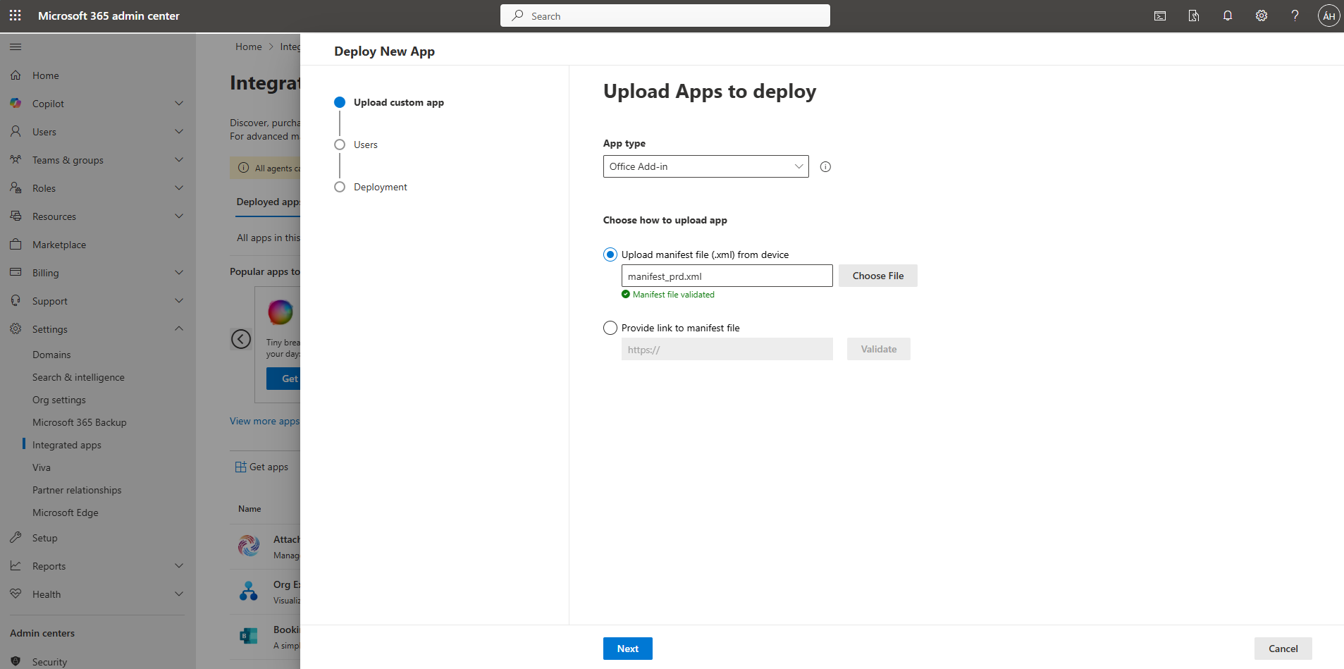 Upload Manifest File in Microsoft 365 Admin Center