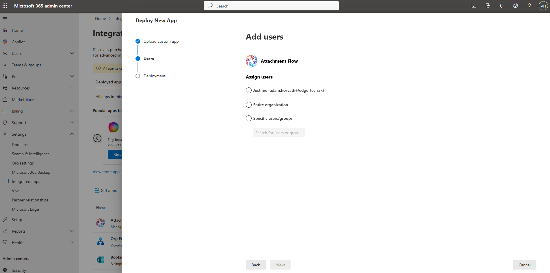 Select users for Attachment Flow installation