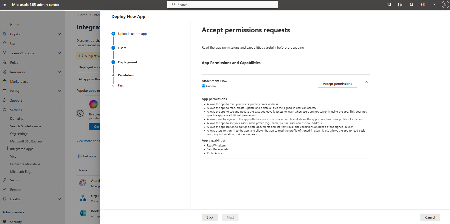Review permissions and verified publisher for Attachment Flow add-in