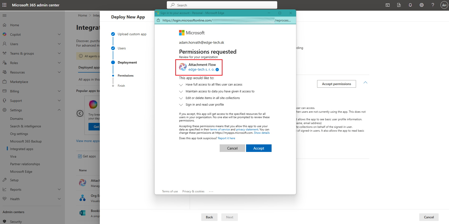 Accept permissions and verified publisher for Attachment Flow add-in